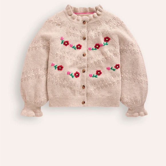 Mini Boden Other - Mini Boden Cream Knit Cardigan with Pink and Red Floral Embroidery Sz 5-6